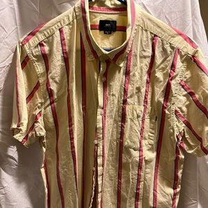 Obey Worldwide short sleeve button down shirt.  Pale yellow w/ red/blue stripe